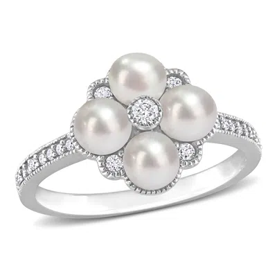 Mimi & Max Cultured Freshwater Pearl And 1/6 Ct Tdw Diamond Cluster Ring In 14k White Gold In White