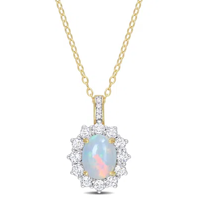 Mimi & Max 2 1/6 Ct Tgw Oval Shape Blue Ethiopian Opal And White Topaz And Diamond Accent Halo Pendant With Cha In Yellow