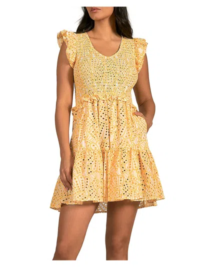 Elan Womens Cotton Smocked Babydoll Dress In Multi