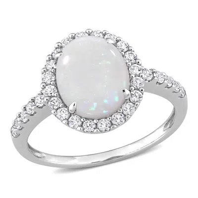 Mimi & Max 2 1/4 Ct Tgw Halo Oval Opal And Created White Sapphire Ring In 10k White Gold In White