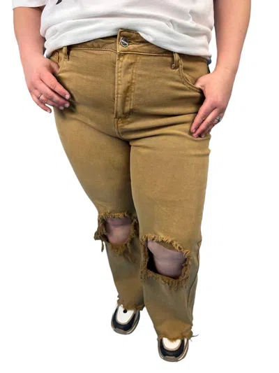 Risen High Rise Knee Distressed Straight Pants In Mocha In Multi