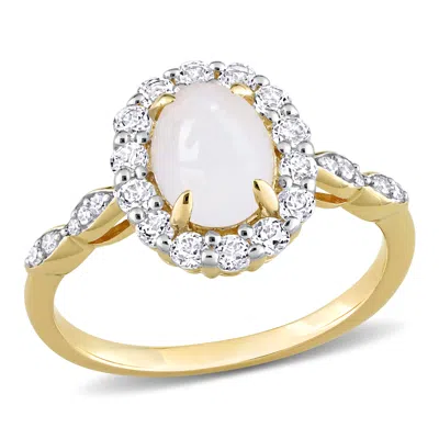 Mimi & Max 1 1/2 Ct Tgw Oval Shape Opal And White Topaz And Diamond Accent Halo Ring In 14k Yellow Gold In Yellow