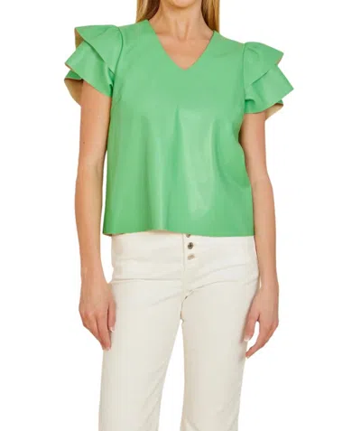 Dolce Cabo Faux Leather Flutter Sleeve Blouse In Kelly Green In Multi