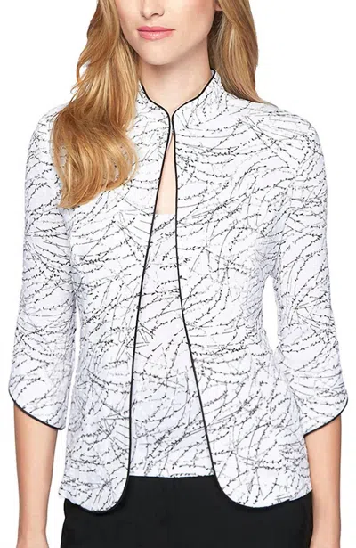 ALEX EVENINGS TEXTURED MANDARIN COLLAR TWINSET IN WHITE-BLACK 