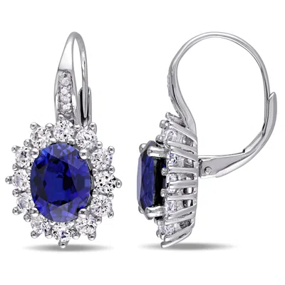 Mimi & Max 8.06 Ct Tgw Created Blue And White Sapphire And Halo Diamond Leverback Earrings In Sterling Silver In White