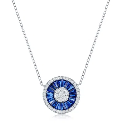 Simona Sterling Silver White Cz And Simulated Baguette Circle Necklace In Blue