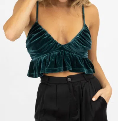 Blue Blush Velvet Ruffled Cropped Top In Dark Jade In Multi
