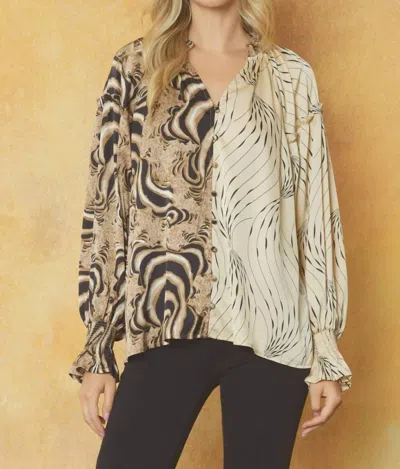 Entro Contrast Print V-neck Blouse In Mocha And Ecru In Multi