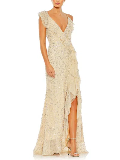 Mac Duggal Embellished Ruffled Faux Wrap Sleeveless Gown In Multi