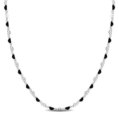 Mimi & Max Black Enamel Bead Heart Link Station Necklace In Sterling Silver - 18+1 In. In Black