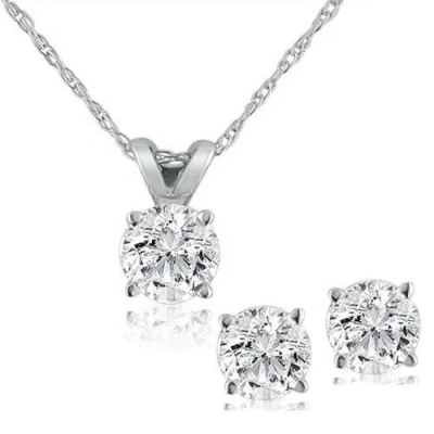 Pompeii3 1ct Diamond Solitaire Necklace & Studs Set 14k White Gold In Multi