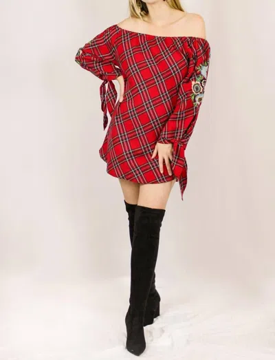 Avani Del Amour Floral Embroidered Tunic In Vibrant Red Plaid In Multi