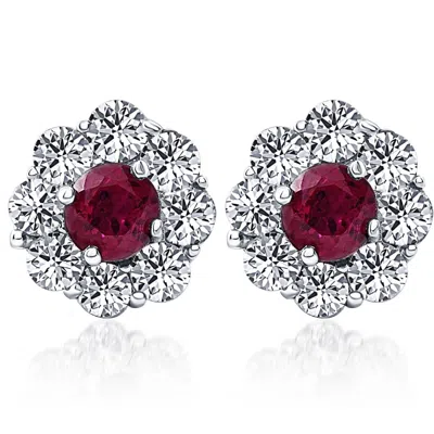 Pompeii3 2 1/2ct Genuine Ruby & Diamond Halo Studs Earrings 14k White Gold In Multi