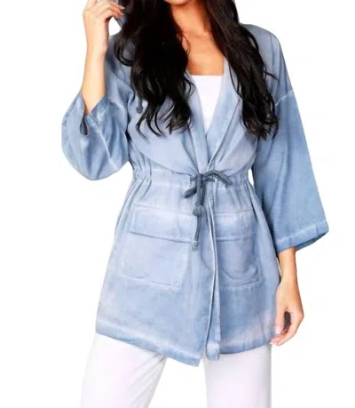 French Kyss Jennifer Hooded Long Trench Coat In Denim In Multi