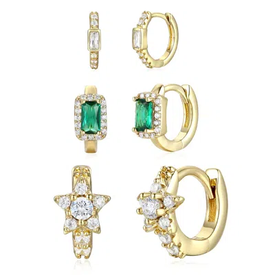 Rachel Glauber Rg 14k Gold Plated With Emerald & Diamond Cubic Zirconia Halo Star 3-piece Hoop Earrings Set In Green