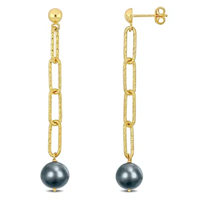Mimi & Max 9-10mm Grey Cultured Freshwater Pearl Oval Link Earrings In 18k Yellow Gold Plated Sterling Silver In Yellow