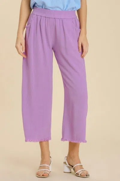Umgee Wide Leg Linen Pant With Fringe - Plus In Lavender In Multi