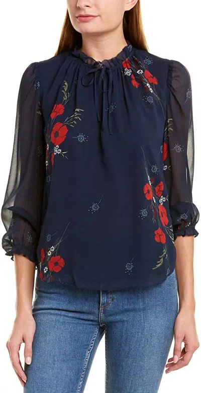 Joie Rafaella Ruffle Trim Self Tie Neckline Silk Blouse In Midnight In Multi