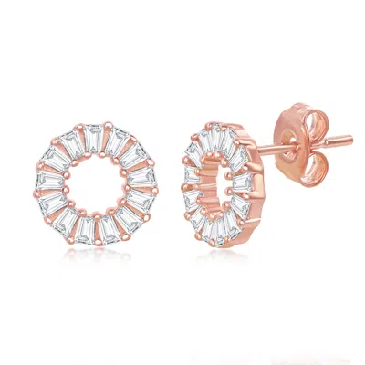 Simona Sterling Silver Open Circle Baguette Cz Stud Earrings - Rose Gold Plated In Multi