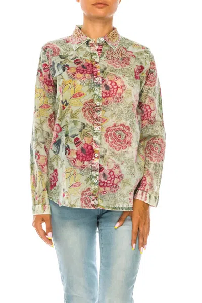 Magazine Clothing Floral Printed Button-down Shirt In Basil In Multi