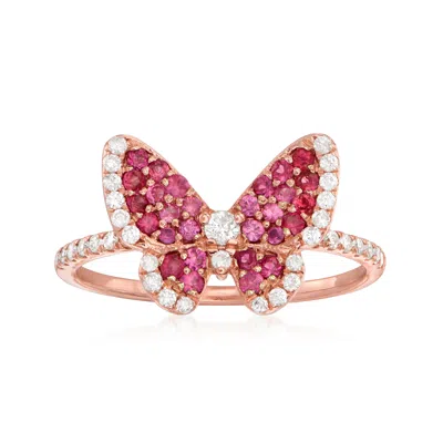 Ross-simons Ruby And . Diamond Butterfly Ring In 14kt Rose Gold In Red