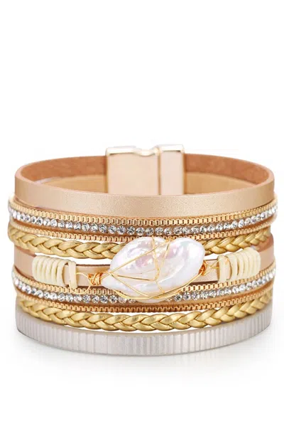 LIV OLIVER 18K GOLD MULTI ROW CHAMPAGNE LEATHER PEARL BRACELET 