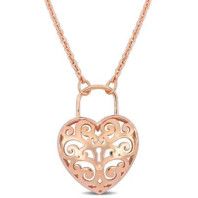 Mimi & Max Pink Heart Lock Charm Pendant W/ Chain In 18k Rose Gold Plated Silver - 16+3 In. In Pink