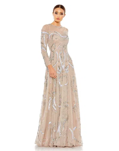 Mac Duggal Long Sleeve Embellished Illusion Evening Gown In Multi