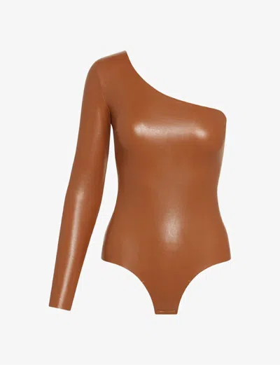 Commando Faux Leather Long Sleeve One Shoulder Bodysuit In Cocoa In Multi