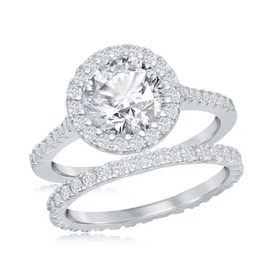 Simona Sterling Silver French Set Round Halo Eternity Band And Cz Engagement Ring Set In Silver
