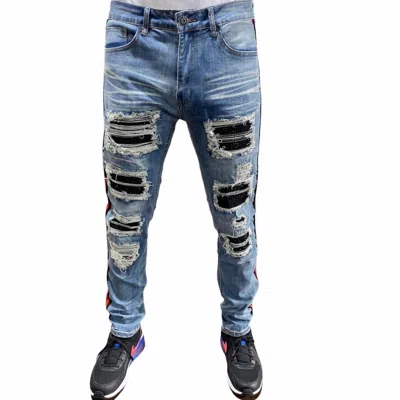 Waimea Men's Rhinestones Patch Side Tape Denim Jean In Blue Wash In Multi