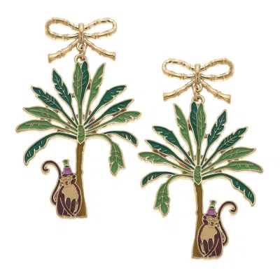Canvas Style Women's Henley Enamel Monkey With Palm Tree Earrings In Green/brown In Multi