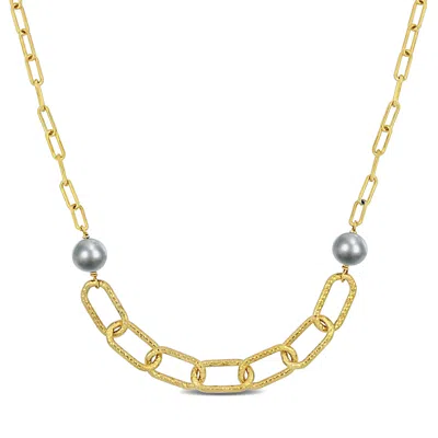Mimi & Max 9-10 Mm Grey Cultured Freshwater Pearl Chain Bar Necklace In 18k Yellow Gold Plated Sterling Silver In Yellow