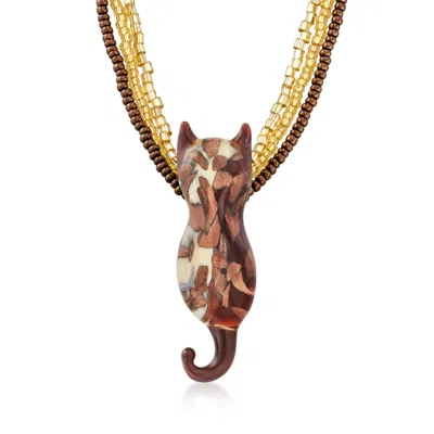Ross-simons Italian Brown And Gold Murano Glass Bead Cat Necklace With 18kt Gold Over Sterling In Multi
