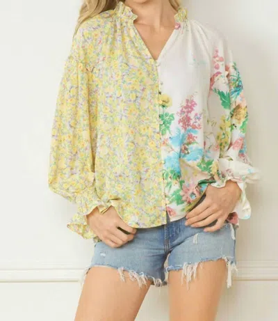 Entro Floral Contrast Print V-neck Blouse In Lemon And Green In Multi