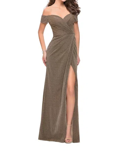 La Femme Off The Shoulder Sparkling Jersey Dress In Silver/gold In Silver