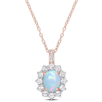 Mimi & Max 2 1/6 Ct Tgw Oval Shape Blue Ethiopian Opal And White Topaz And Diamond Accent Halo Pendant With Cha In Pink