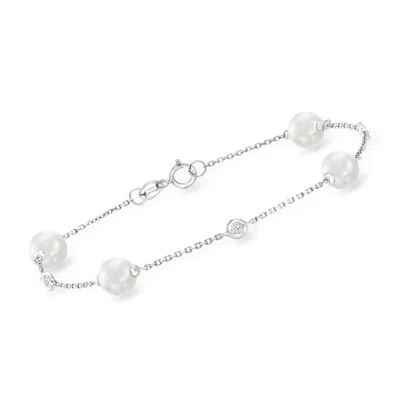 Ross-simons 6-6.5mm Cultured Pearl Bracelet With Diamond Accents In 14kt White Gold In Multi