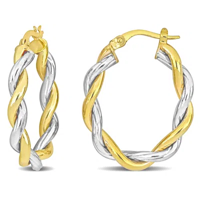 Mimi & Max 27 Mm Twisted Oval Hoop Earrings In 2-tone Yellow And White 10k Gold In Multi
