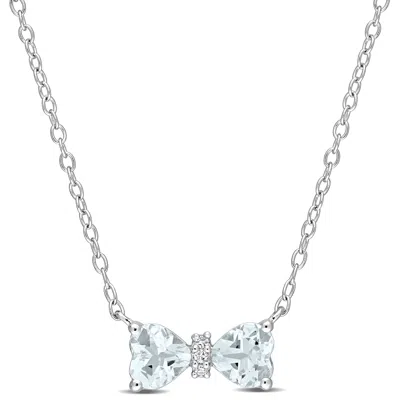 Mimi & Max 3/4 Ct Tgw Heart Aquamarine And Diamond Accent Bow Necklace In Sterling Silver In Blue