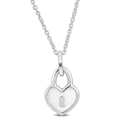 Mimi & Max White Enamel Heart Lock Charm Necklace In Sterling Silver - 16+2 In. In White
