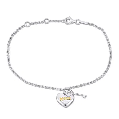 Mimi & Max Silver Charm Bracelet W/18k Yellow Gold Plated "mom" Heart & Key Charm In White