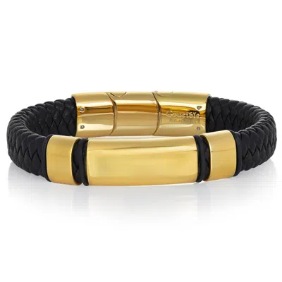 Crucible Jewelry Crucible Los Angeles Black Leather And Stainless Steel Engravable Id Bracelet In Gold
