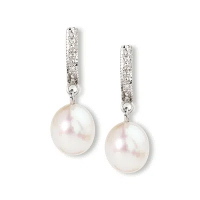 Ross-simons 8-9mm Cultured Pearl Dangle Earrings With Diamond Accents In Sterling Silver In White