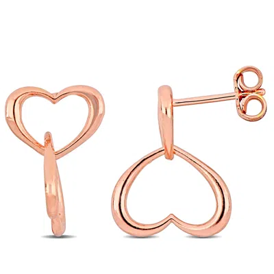 Mimi & Max Double Heart Drop Earrings In Rose Plated Sterling Silver In Pink