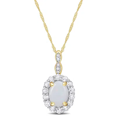 Mimi & Max 1 1/2 Ct Tgw Oval Shape Opal And White Topaz And Diamond Accent Halo Pendant With Chain In 14k Yello In Yellow