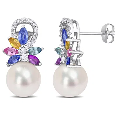 Mimi & Max 9-9.5 Mm Cultured Freshwater Pearl And Multi Sapphire (light Blue, White, Yellow, Pink, Purple & Gre In White