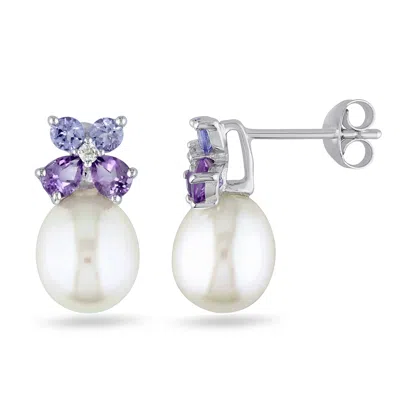 Mimi & Max 8-8.5 Mm White Cultured Freshwater Pearl, Diamond, Tanzanite And Amethyst Stud Earrings In Sterling In Purple