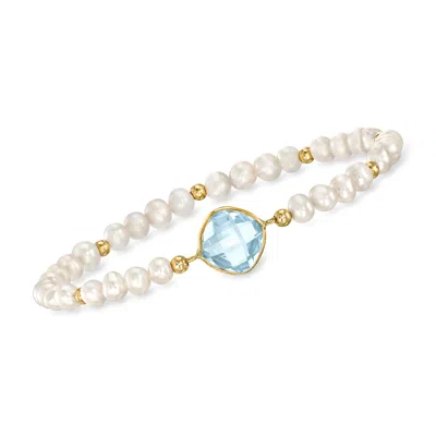 Ross-simons Sky Blue Topaz And 4-5mm Cultured Pearl Bracelet In 14kt Yellow Gold In Blue