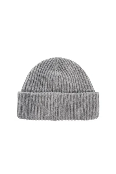 Ganni Beanie Hat With Logo Patch In Grey